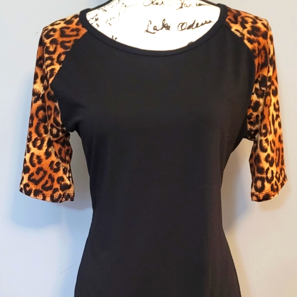 Lularoe Julia LG Black with Leopard Sleeves